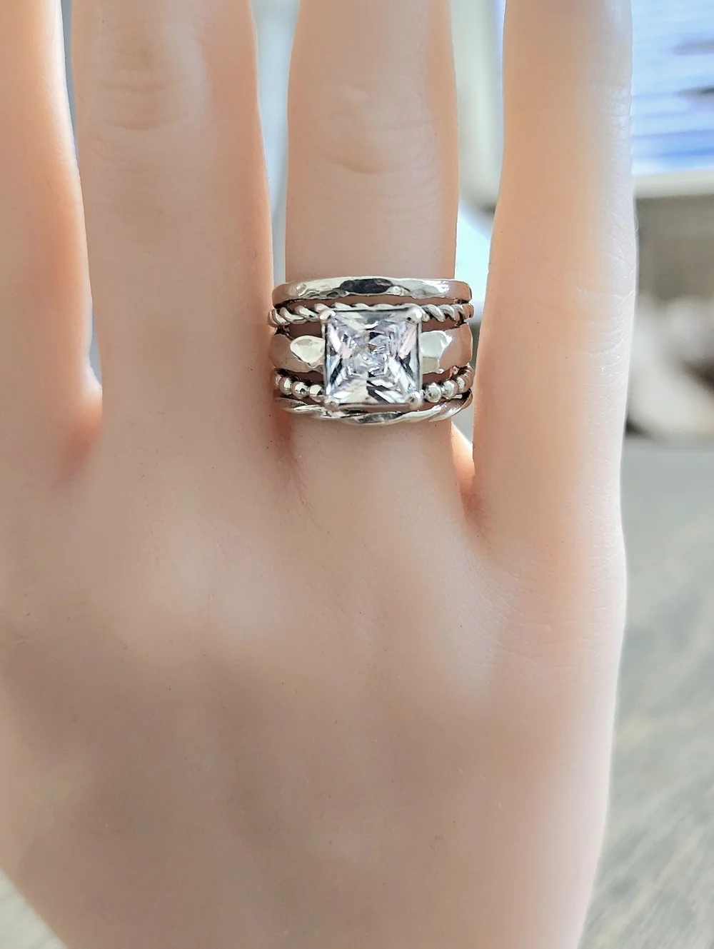 Noa Zuman Signed Sterling Silver 925 Clear CZ Stone Hammered 6.5 Ring Israel - Picture 5 of 12